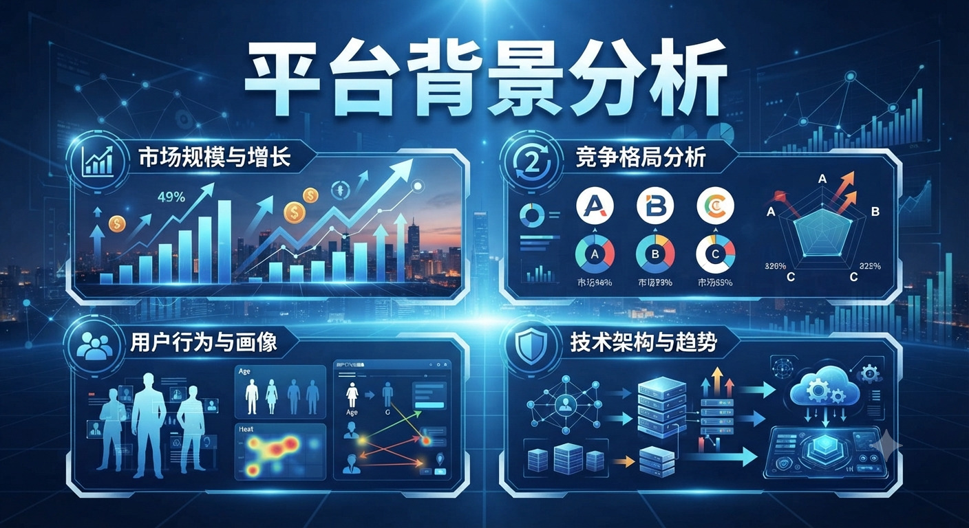 這張圖片以深藍色科技感為基調,展示了名為「平台背景分析」的專業數據儀表板。 畫面上方標題明確,下方分為四個象限,分別以圖表與圖示呈現市場增長、競爭格局、用戶行為及技術架構。