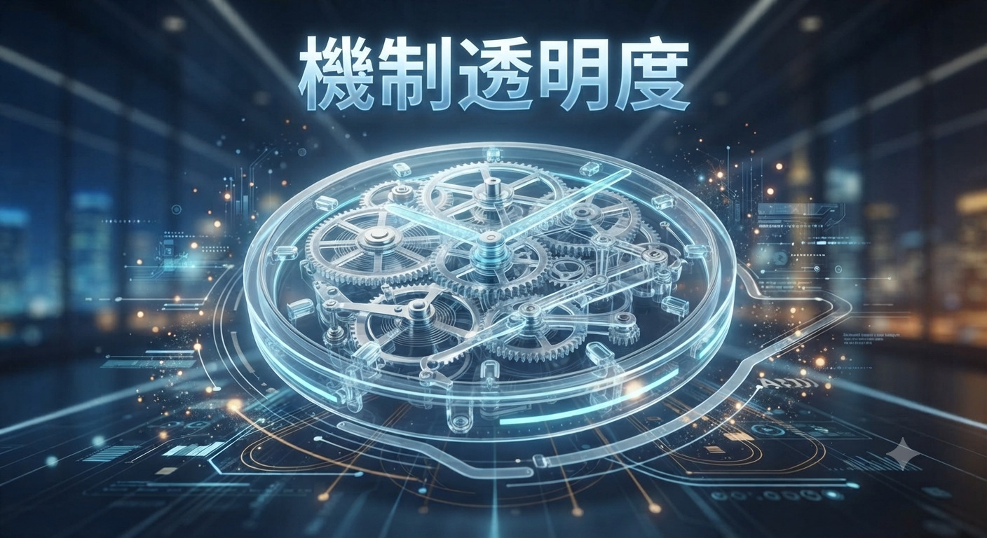 這張圖片以全息投影風格呈現精密的齒輪機械裝置,象徵著運作過程的清晰與公開。 上方中央以顯眼的繁體中文字樣「機制透明度」作為標題,展現核心主題。