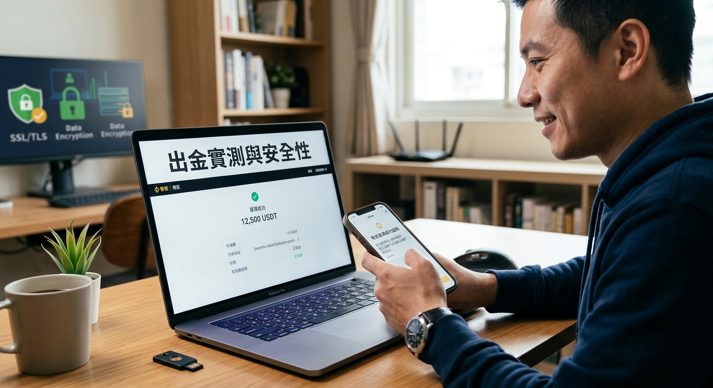 這張圖片展示了一名男子坐在桌前，看著顯示「出金實測與安全性」標題與提現成功頁面的筆記型電腦。 桌上擺放著手機、安全金鑰與顯示加密防護圖示的螢幕，營造出安全可靠的數位交易測試場景。