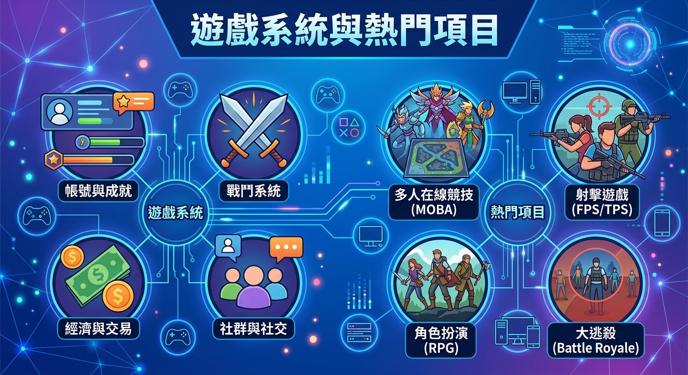 這張圖片採用現代科技風格的藍色背景，頂部標有醒目的標題「遊戲系統與熱門項目」。 畫面中央由電路圖案連結數個圓形圖標，生動展示了戰鬥、社群、經濟等系統機制以及 MOBA、RPG 與射擊等熱門遊戲類型。