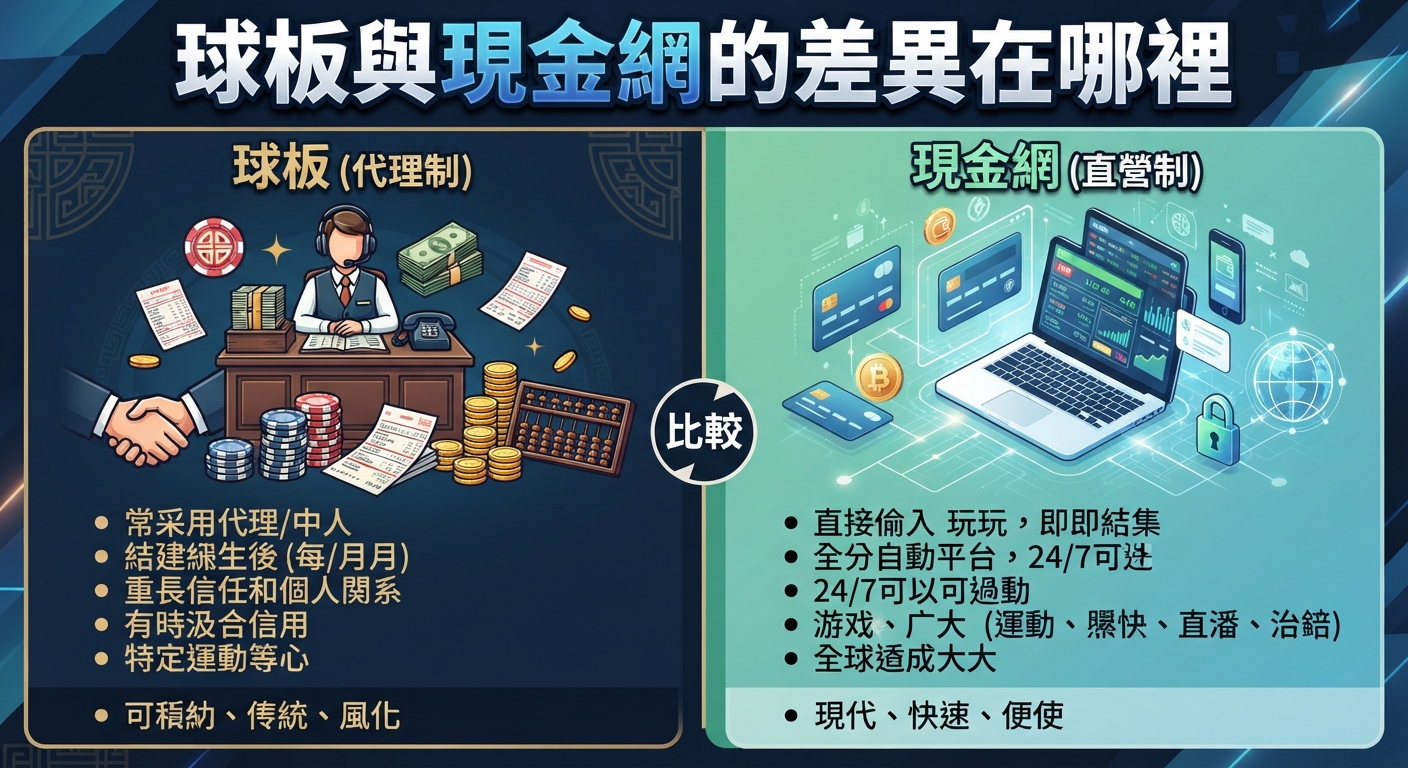 圖片展示了「球板」與「現金網」的差異，球板採用代理制且重信任，現金網則採直營製且全自動即時結算。