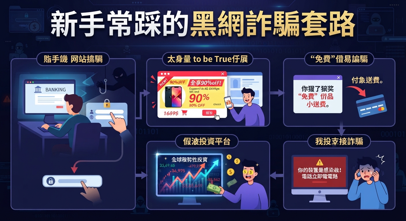 圖片展示了新手常見的黑網詐騙套路，包含了釣魚網站、虛假投資平台等多種詐騙手法。 畫面頂部醒目地標註了主題標題，警示人們防範網路詐騙陷阱。